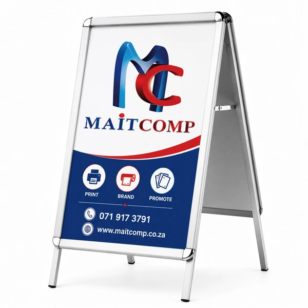 Branded pavement sign board for business advertising printed by Maitcomp in Cape Town