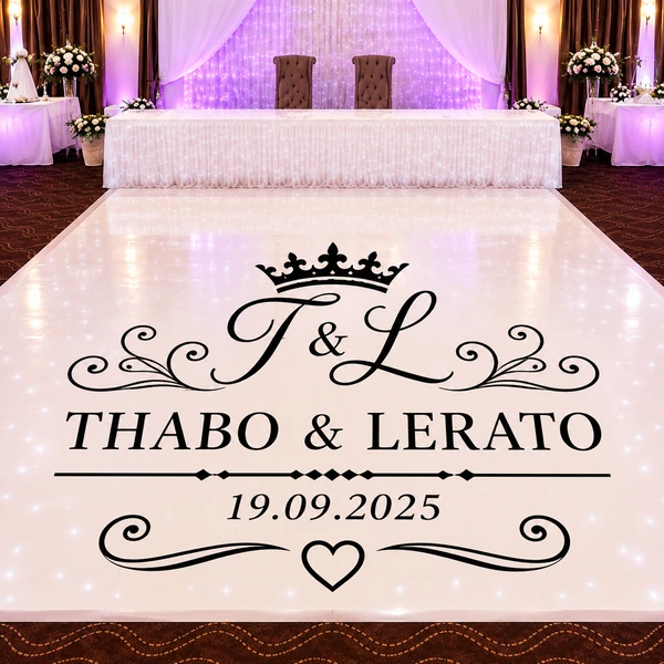 Custom wedding floor sticker with personalised names, initials and wedding date printed by Maitcomp in Cape Town