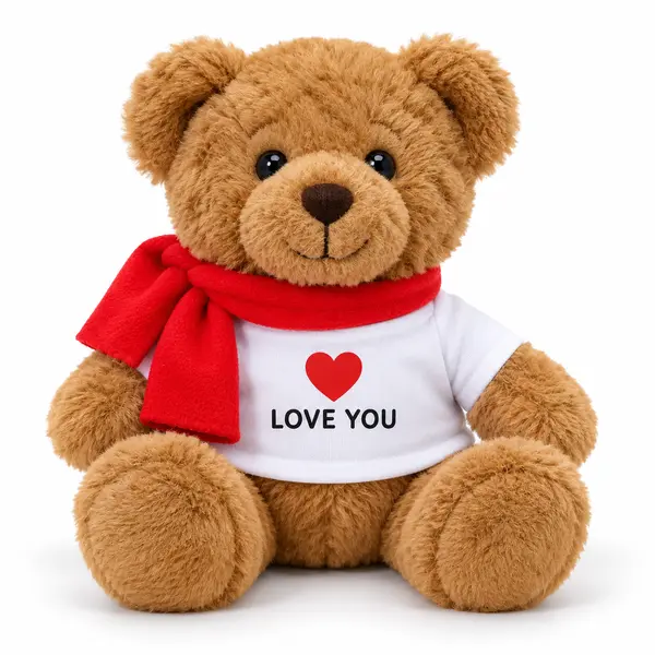 Personalised 25 cm brown teddy bear with a red scarf and printed white shirt