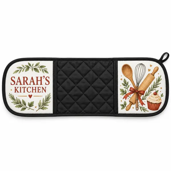 Personalised double oven glove with two printed kitchen-themed hand pockets