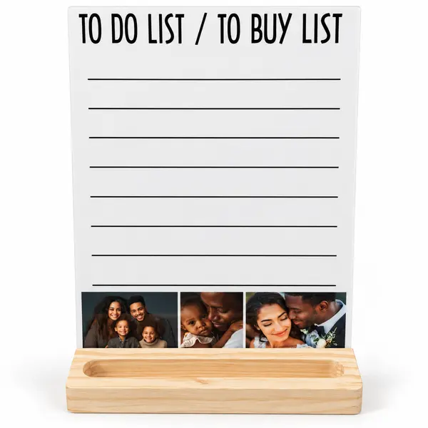 Personalised dry-erase to-do and shopping list planner displayed in a wooden stand