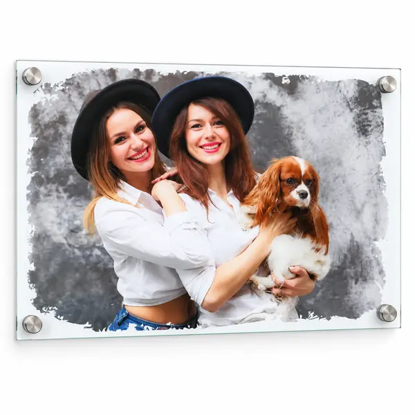 Personalised 20 × 30 cm glass wall photo panel with four silver corner mounts