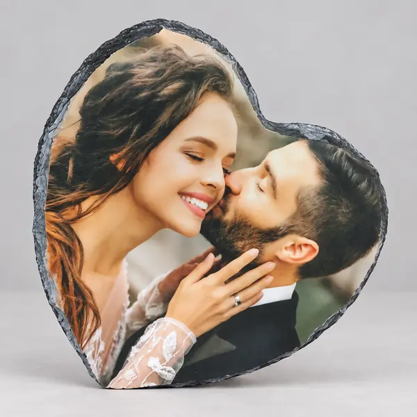 Personalised heart-shaped matte slate stone with a custom wedding photograph