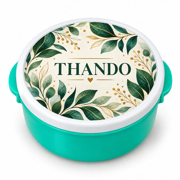 Personalised round green lunch box with custom botanical name design