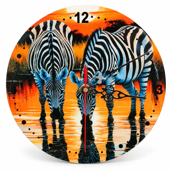 Personalised 190 mm round hardboard wall clock with a colourful zebra design