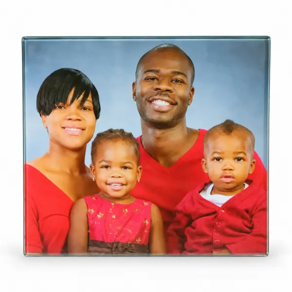 Personalised square glass photo tile printed with a full-colour family photograph