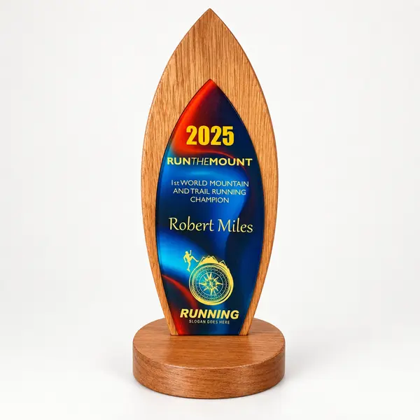 Personalised wooden spear trophy with a custom full-colour printed panel