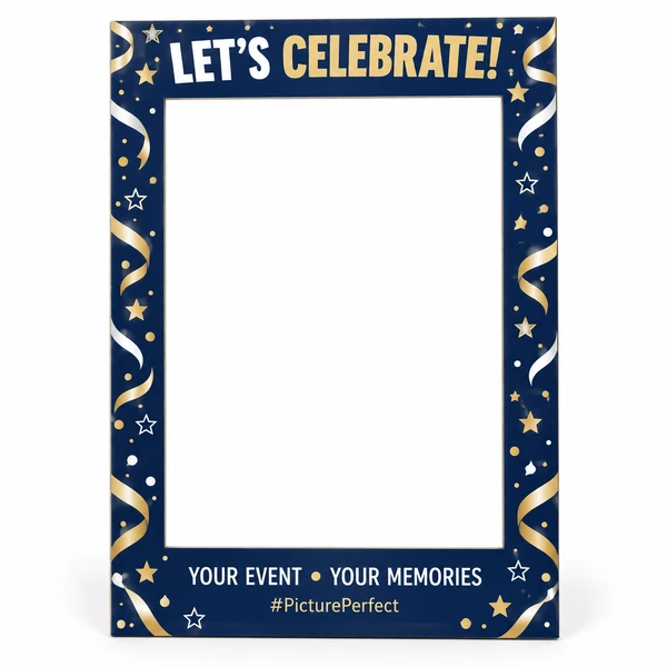 Navy and gold A1 selfie board with a central photo cut-out and personalised event wording