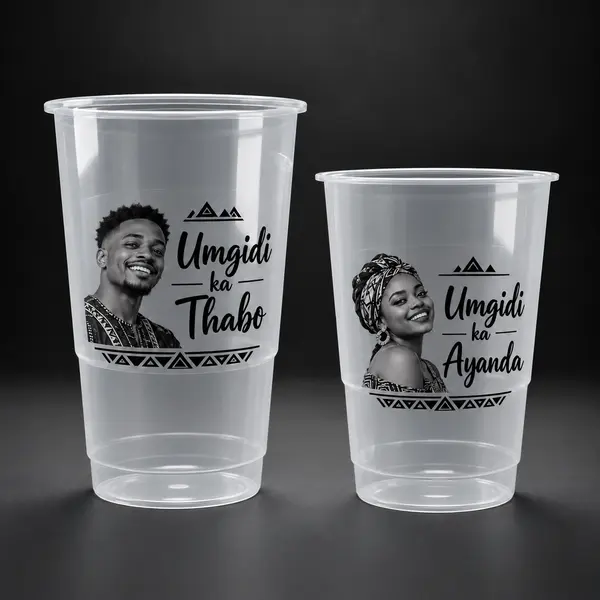 Personalised clear plastic cups with custom photo stickers for events