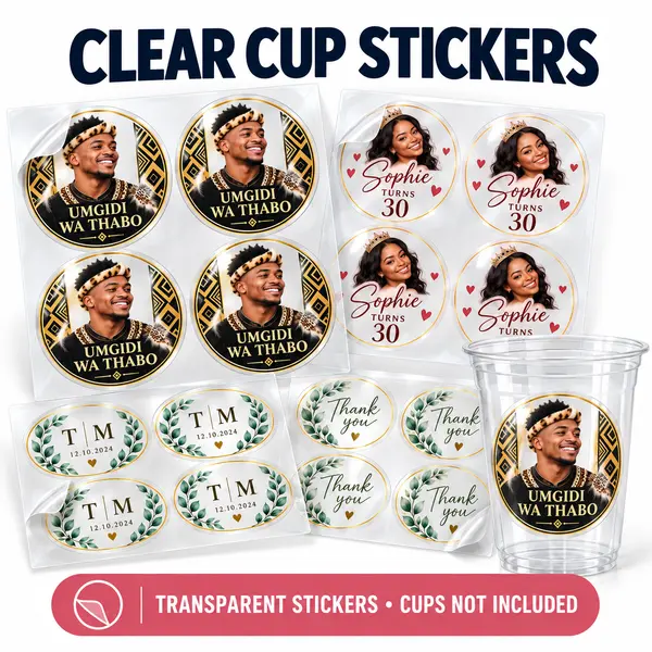 Personalised clear cup stickers featuring photographs and event designs