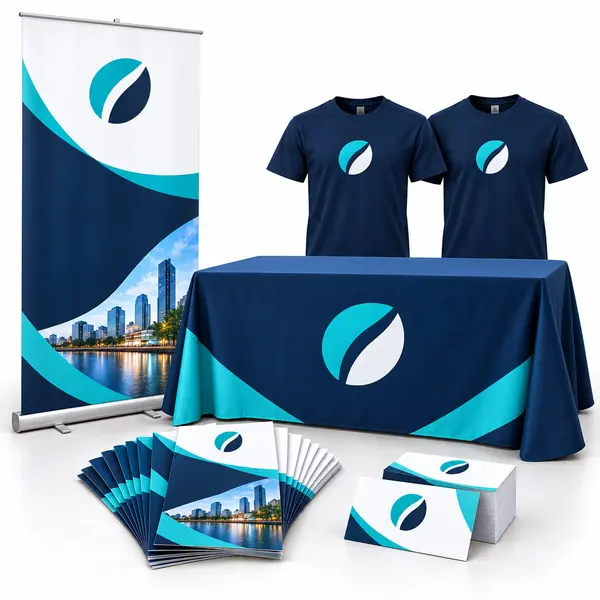 Personalised exhibition starter package with pull-up banner, branded tablecloth, flyers, business cards and two staff T-shirts