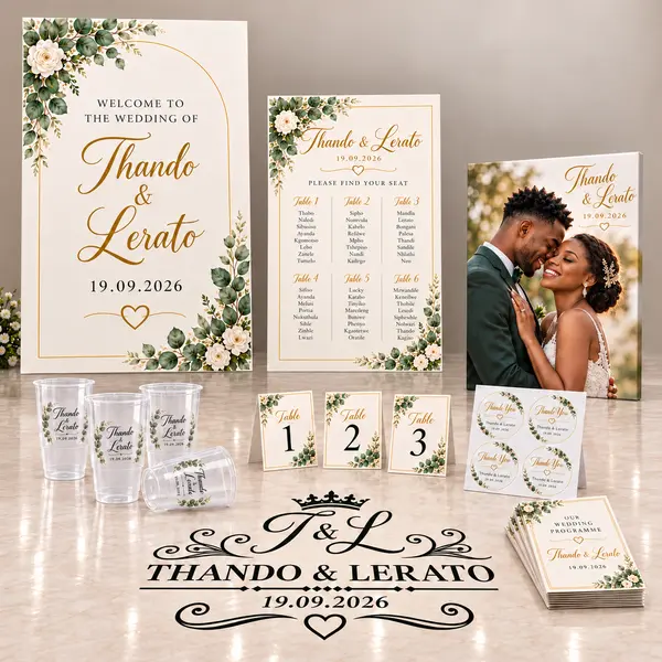 Personalised wedding printing package with A0 welcome board, A1 seating plan, 500 ml cups, canvas, programmes and floor lettering