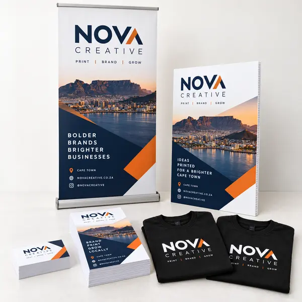 Small business starter printing package with business cards, A6 flyers, pull-up banner, A2 Correx board and branded T-shirts
